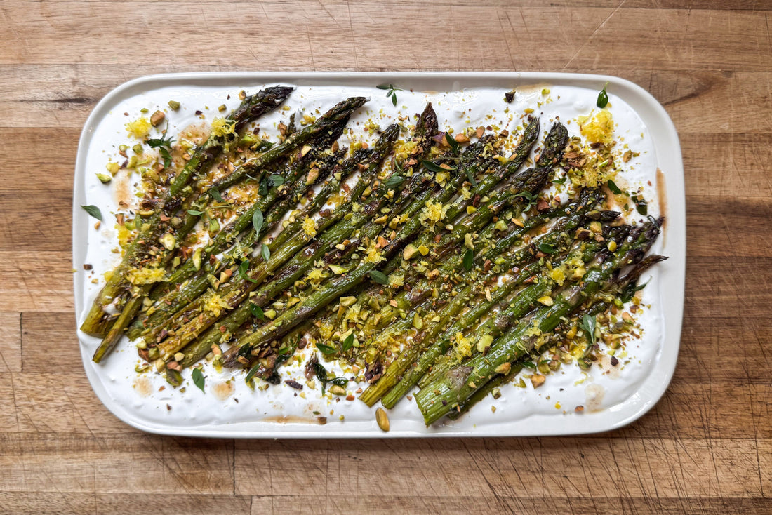 Asparagus with Roasted Pistachios and Labneh