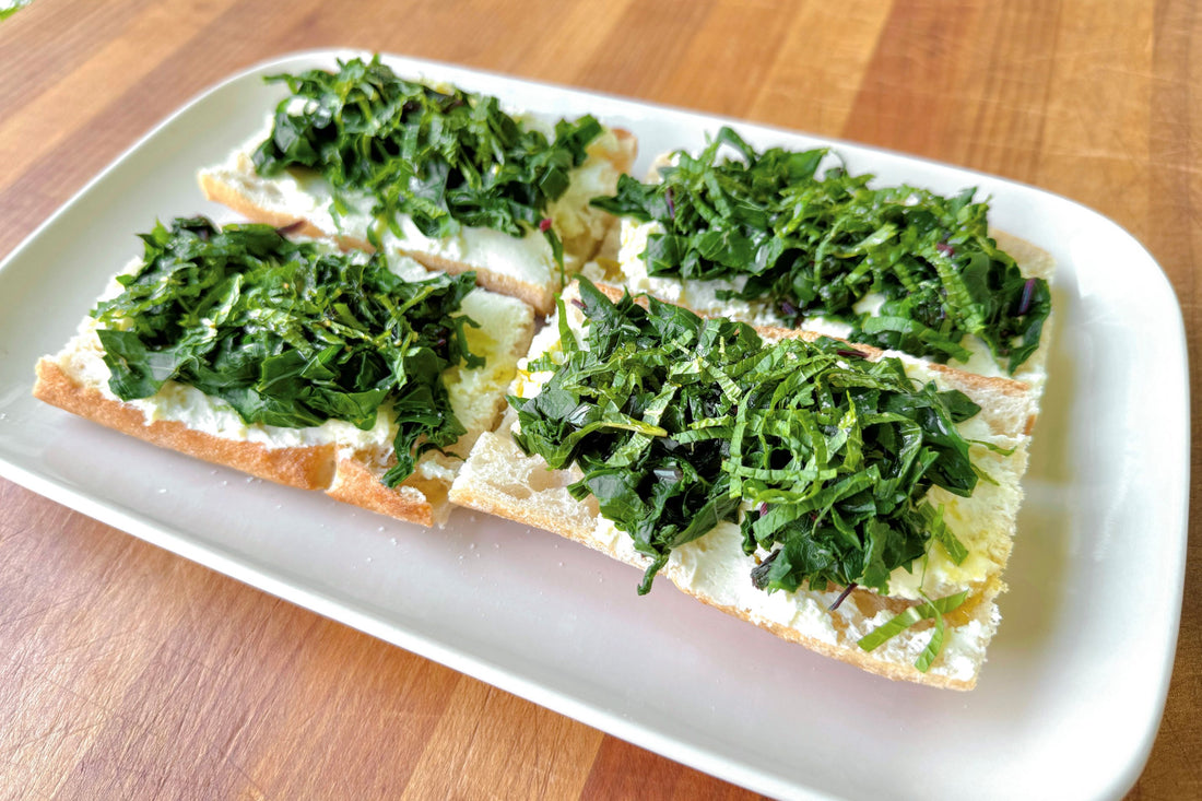 Beet & Kohlrabi Greens Toast with Chèvre