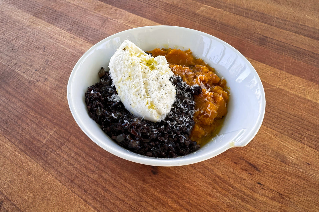 Black Risotto with Winter Squash and Burrata