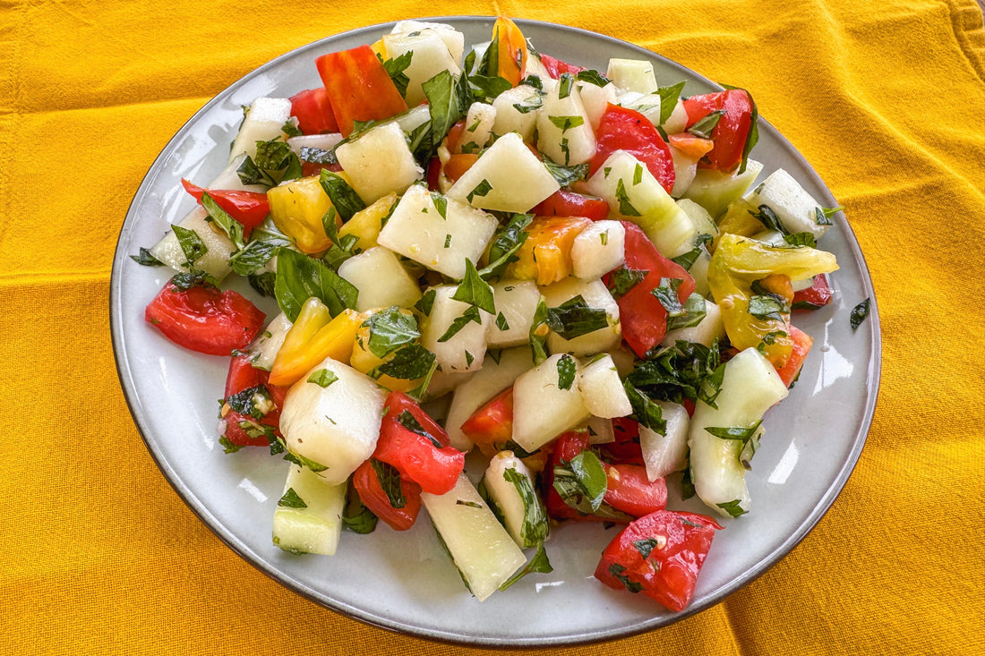 Melon Salad with Cherry Tomatoes and Cucumber