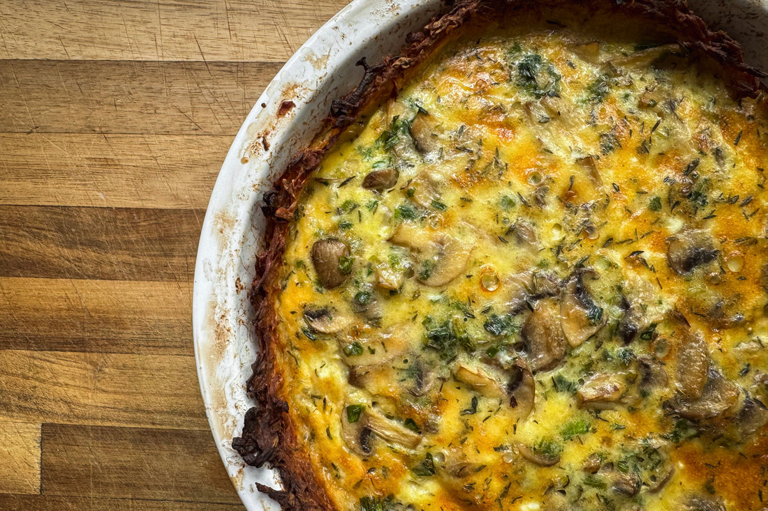 Potato-Crusted Quiche with Spring Garlic & Mushrooms