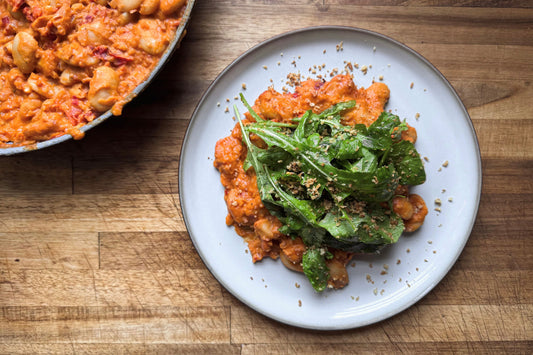 Saucy Tomato Beans with Bitter Greens