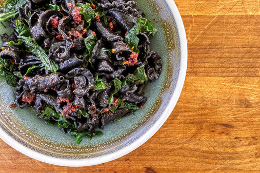 Squid Ink Pasta with Kale and Chili Crisp