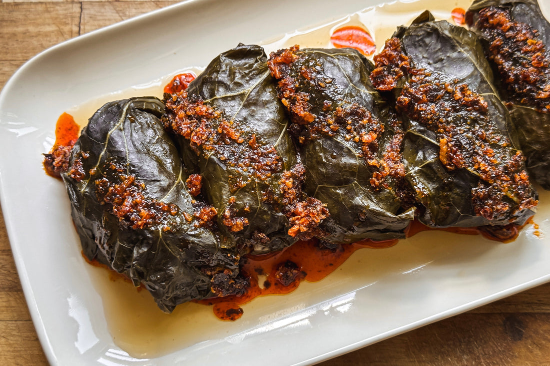 Stuffed Collards with Chili Crisp