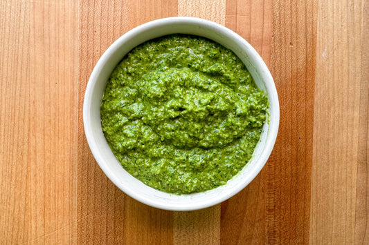 Carrot Top-Garlic Scape Pesto